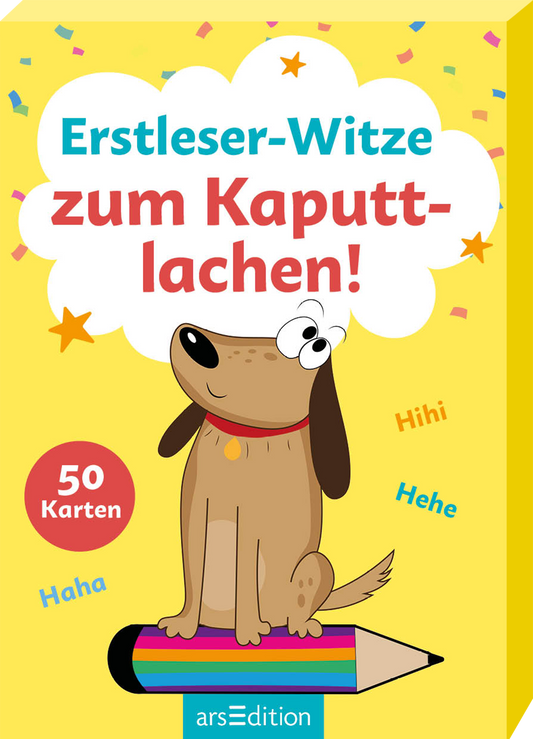 Das Buchcover präsentiert einen fröhlichen Hund, der auf einem bunten Bleistift sitzt. Der Hintergrund ist in einem leuchtenden Gelb gehalten und wird von farbigen Sternen und Wolken geschmückt. Der Titel „Erstleser-Witze zum Kaputt-lachen!“ ist in freundlichen türkis- und roten Schriftzügen gestaltet. Unten rechts befindet sich ein roter Button mit dem Text „50 Karten“. Ganz unten mittig steht der Logoschriftzug von arsEdition.