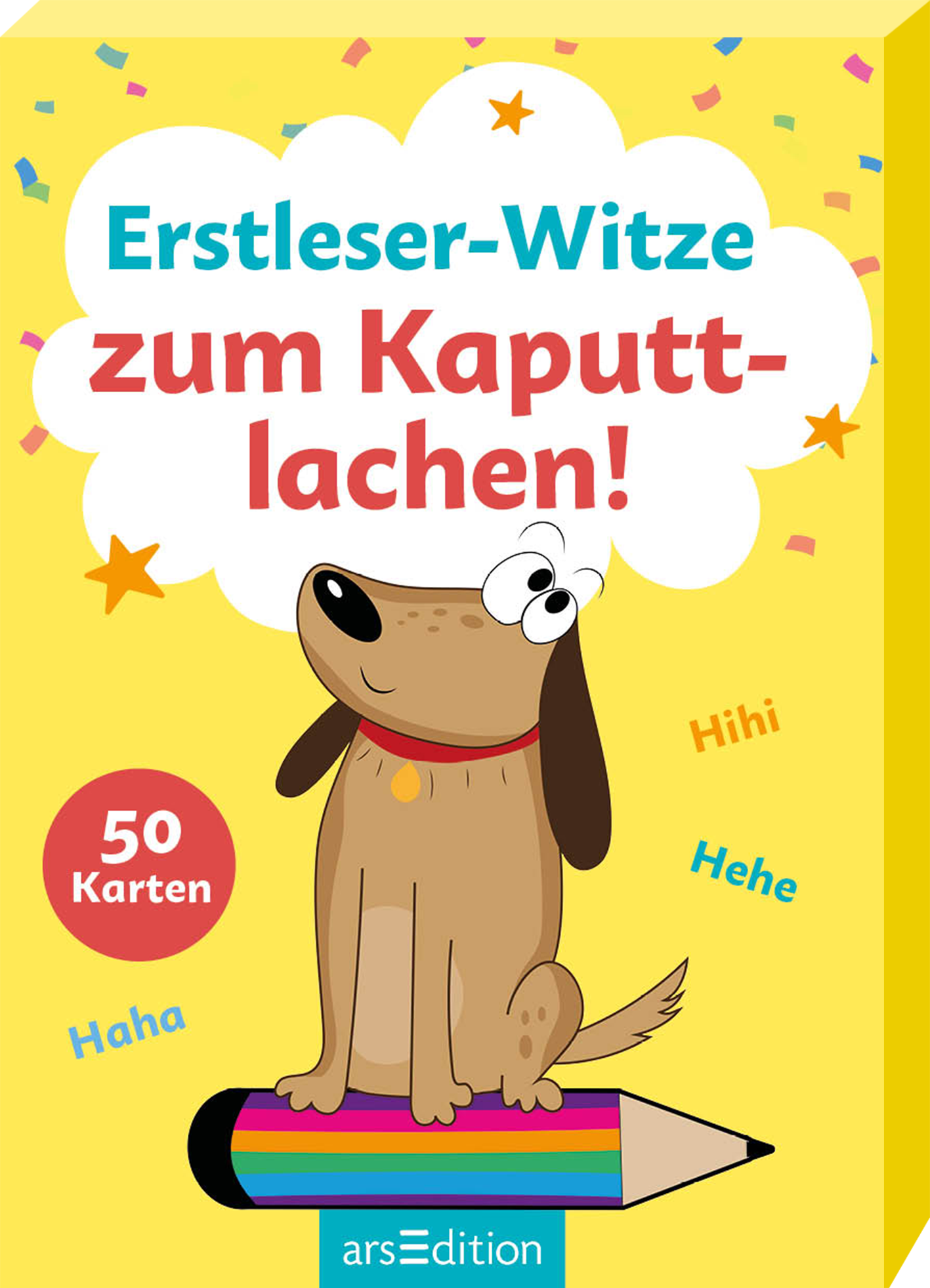 Das Buchcover präsentiert einen fröhlichen Hund, der auf einem bunten Bleistift sitzt. Der Hintergrund ist in einem leuchtenden Gelb gehalten und wird von farbigen Sternen und Wolken geschmückt. Der Titel „Erstleser-Witze zum Kaputt-lachen!“ ist in freundlichen türkis- und roten Schriftzügen gestaltet. Unten rechts befindet sich ein roter Button mit dem Text „50 Karten“. Ganz unten mittig steht der Logoschriftzug von arsEdition.