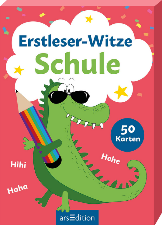 Das Buchcover zeigt ein fröhliches, grünes Krokodil, der einen bunten Bleistift hält. Der Hintergrund ist Rot gehalten, das mit bunten Konfetti-Elementen dekoriert ist. Über dem Krokodil befindet sich eine Wolke mit der Aufschrift „Schule“ in großen, grünen Buchstaben. Der Titel „Erstleser-Witze“ steht in weißer Schrift, umrahmt von verschiedenen bunten Sternen. Ganz unten mittig steht der Logoschriftzug von arsEdition.