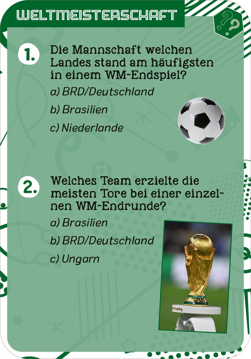 Gezeigt wird eine Innen- oder Zusatzansicht von „Fußball-Quiz“. Die Grafik zeigt zwei Quizfragen zur Fußball-Weltmeisterschaft. Die Fragen sind auf einem grünen Hintergrund mit weißen und grünen grafischen Elementen platziert. Die Typografie ist klar und gut lesbar. Die erste Frage bezieht sich auf die häufigste Mannschaft in WM-Endspielen, die Optionen sind in Kleinbuchstaben gehalten. Bei der zweiten Frage sind Bilder eines Fußballs und des WM-Pokals abgebildet.