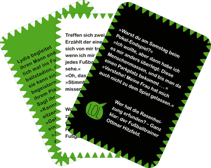 Gezeigt wird eine Innen- oder Zusatzansicht von „Fußball-Witze“. Die Abbildung zeigt drei Karten in unterschiedlichen Farben. Eine Karte ist schwarz mit weißem Text, der eine humorvolle Fußballgeschichte enthält. Die anderen Karten sind grün mit weißen Texten, die ebenfalls Witze wiedergeben. Die Karten haben eine gezackte Kante und eine spielerische, moderne Schriftart. Der Hintergrund ist farbenfroh und ansprechend gestaltet, was die humorvolle Thematik des Produkts unterstreicht.