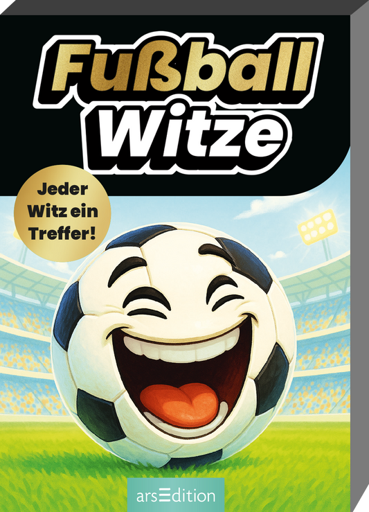 Das Buchcover zeigt einen lächelnden Fußball mit großen Augen und einem breiten Grinsen vor einem Stadion mit Rasen und Scheinwerfern. Über dem Ball steht in fetter, goldfarbener Schrift „Fußball“ und darunter in weißer Schrift „Witze“. Ein runder Button in der oberen linken Ecke enthält den Text „Jeder Witz ein Treffer!“. Der Hintergrund ist in sanften Blau- und Grüntönen gehalten, wodurch eine fröhliche, sportliche Atmosphäre entsteht. Ganz unten mittig steht der...