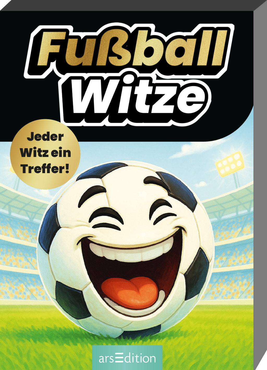 Das Buchcover zeigt einen lächelnden Fußball mit großen Augen und einem breiten Grinsen vor einem Stadion mit Rasen und Scheinwerfern. Über dem Ball steht in fetter, goldfarbener Schrift „Fußball“ und darunter in weißer Schrift „Witze“. Ein runder Button in der oberen linken Ecke enthält den Text „Jeder Witz ein Treffer!“. Der Hintergrund ist in sanften Blau- und Grüntönen gehalten, wodurch eine fröhliche, sportliche Atmosphäre entsteht. Ganz unten mittig steht der...