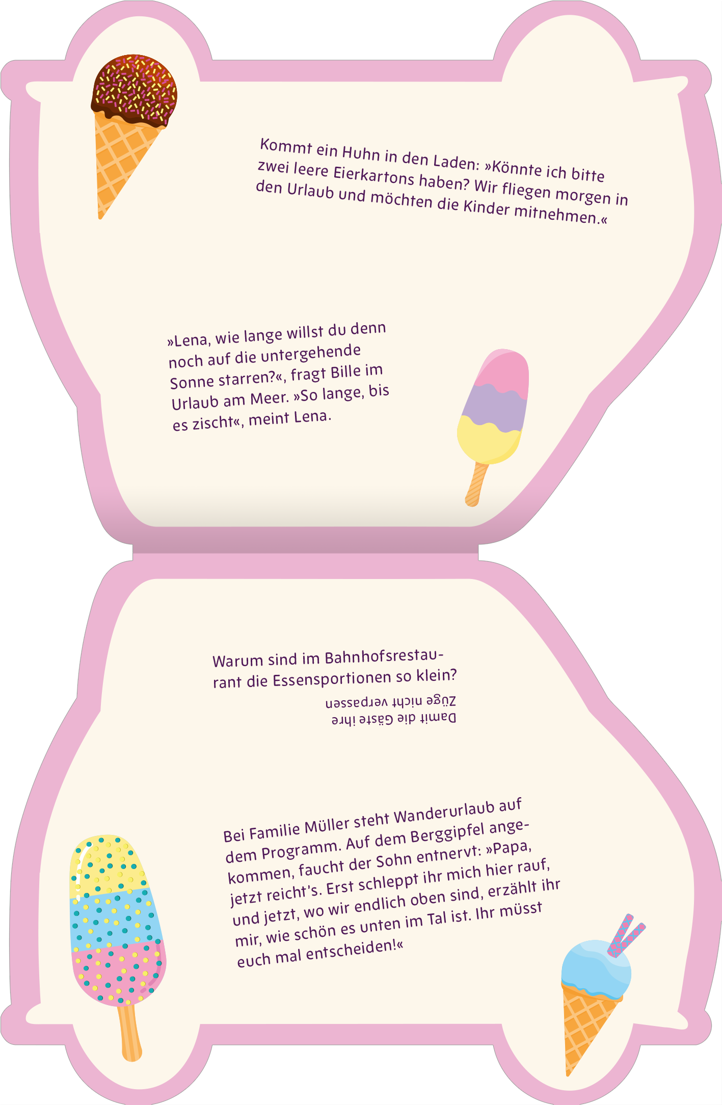 Gezeigt wird eine Innen- oder Zusatzansicht von „Superlustige Ferien-Witze“. Die Ansicht präsentiert einen hellen, farbenfrohen Hintergrund in sanften Rosa- und Blautönen. Illustrationen von Eiswaffeln und anderen Sommermotiven dekorieren die Seiten. Die Schrift ist aufgelockert und gut lesbar, mit humorvollen Textstellen in Anführungszeichen. Die Gestaltung fördert eine fröhliche und entspannte Urlaubsstimmung, während Witze und Dialoge die Leser zum Lachen anregen.