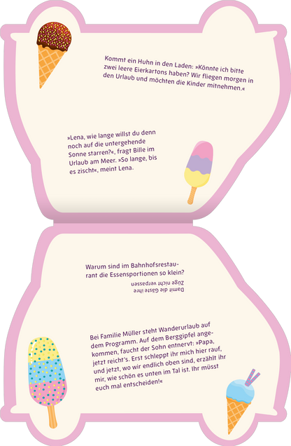 Gezeigt wird eine Innen- oder Zusatzansicht von „Superlustige Ferien-Witze“. Die Ansicht präsentiert einen hellen, farbenfrohen Hintergrund in sanften Rosa- und Blautönen. Illustrationen von Eiswaffeln und anderen Sommermotiven dekorieren die Seiten. Die Schrift ist aufgelockert und gut lesbar, mit humorvollen Textstellen in Anführungszeichen. Die Gestaltung fördert eine fröhliche und entspannte Urlaubsstimmung, während Witze und Dialoge die Leser zum Lachen anregen.