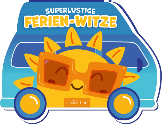 Auf dem Cover ist ein bunt gestalteter blauer Transporter zu sehen, der oben mit dem Titel „SUPERLUSTIGE FERIEN-WITZE“ in großen, hellen Buchstaben verziert ist. Die Schriftart wirkt verspielt und fröhlich. Vor dem Fahrzeug befindet sich eine lachende Sonne mit großen, orangefarbenen Sonnenstrahlen und dicken, braunen Sonnenbrillen. Die Atmosphäre ist heiter und einladend, ideal für humorvolle Ferienunterhaltung. Ganz unten mittig steht der Logoschriftzug von arsEdition.