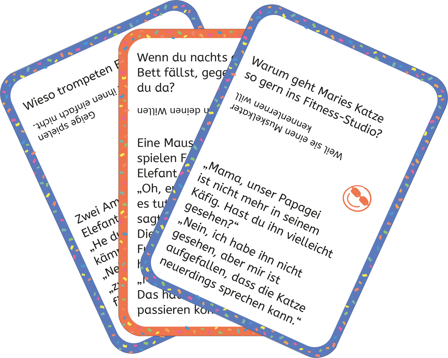 Gezeigt wird eine Innen- oder Zusatzansicht von „Erstleser-Witze Tiere“. Die Abbildung zeigt mehrere Karten in unterschiedlichen Farben, darunter orange, blau und rot, mit abgerundeten Ecken. Auf jeder Karte steht ein Witz oder eine Frage in klarer, gut lesbarer Schrift. Die Typografie ist modern und kindgerecht, und die Hintergründe sind mit bunten, kleinen Punkten verziert, die die Karten lebhaft und ansprechend machen.