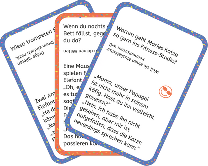 Gezeigt wird eine Innen- oder Zusatzansicht von „Erstleser-Witze Tiere“. Die Abbildung zeigt mehrere Karten in unterschiedlichen Farben, darunter orange, blau und rot, mit abgerundeten Ecken. Auf jeder Karte steht ein Witz oder eine Frage in klarer, gut lesbarer Schrift. Die Typografie ist modern und kindgerecht, und die Hintergründe sind mit bunten, kleinen Punkten verziert, die die Karten lebhaft und ansprechend machen.