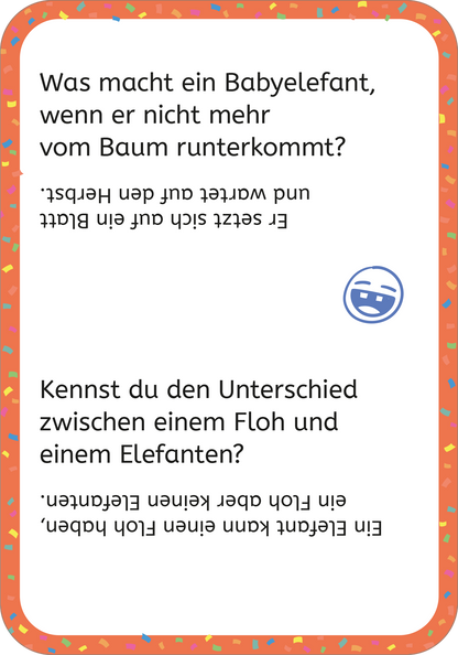 Gezeigt wird eine Innen- oder Zusatzansicht von „Erstleser-Witze Tiere“. Die Seite hat einen bunten Hintergrund mit orangefarbener Umrandung und Konfettimuster, die eine fröhliche Atmosphäre schaffen. Zwei Witze sind in klarer, gut lesbarer schwarzer Schrift auf weißem Grund dargestellt. Die Typografie ist groß und kinderfreundlich. Ein lächelndes Emoji ergänzt den Text visuell und signalisiert Humor. Die insgesamt helle Gestaltung fördert die Lesefreundlichkeit für Kinder.