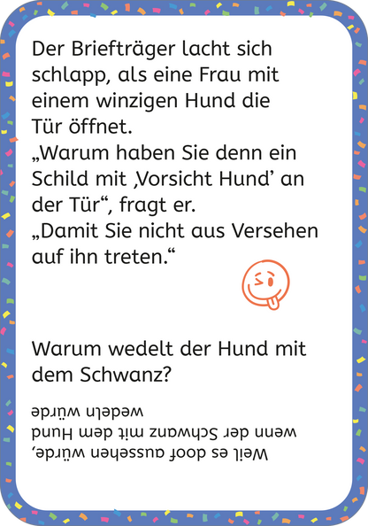 Gezeigt wird eine Innen- oder Zusatzansicht von „Erstleser-Witze Tiere“. Der Hintergrund ist in einem hellen Farbton gehalten und umrahmt von farbenfrohen, fröhlichen Konfettimustern. Im oberen Bereich befindet sich ein humorvoller Witz über einen Briefträger und einen kleinen Hund, in klarer, gut lesbarer Schrift. Der Text ist in Schwarz für optimale Lesbarkeit gehalten, während ein einfacher, freundlicher Emoji im unteren Abschnitt zur Auflockerung beiträgt.