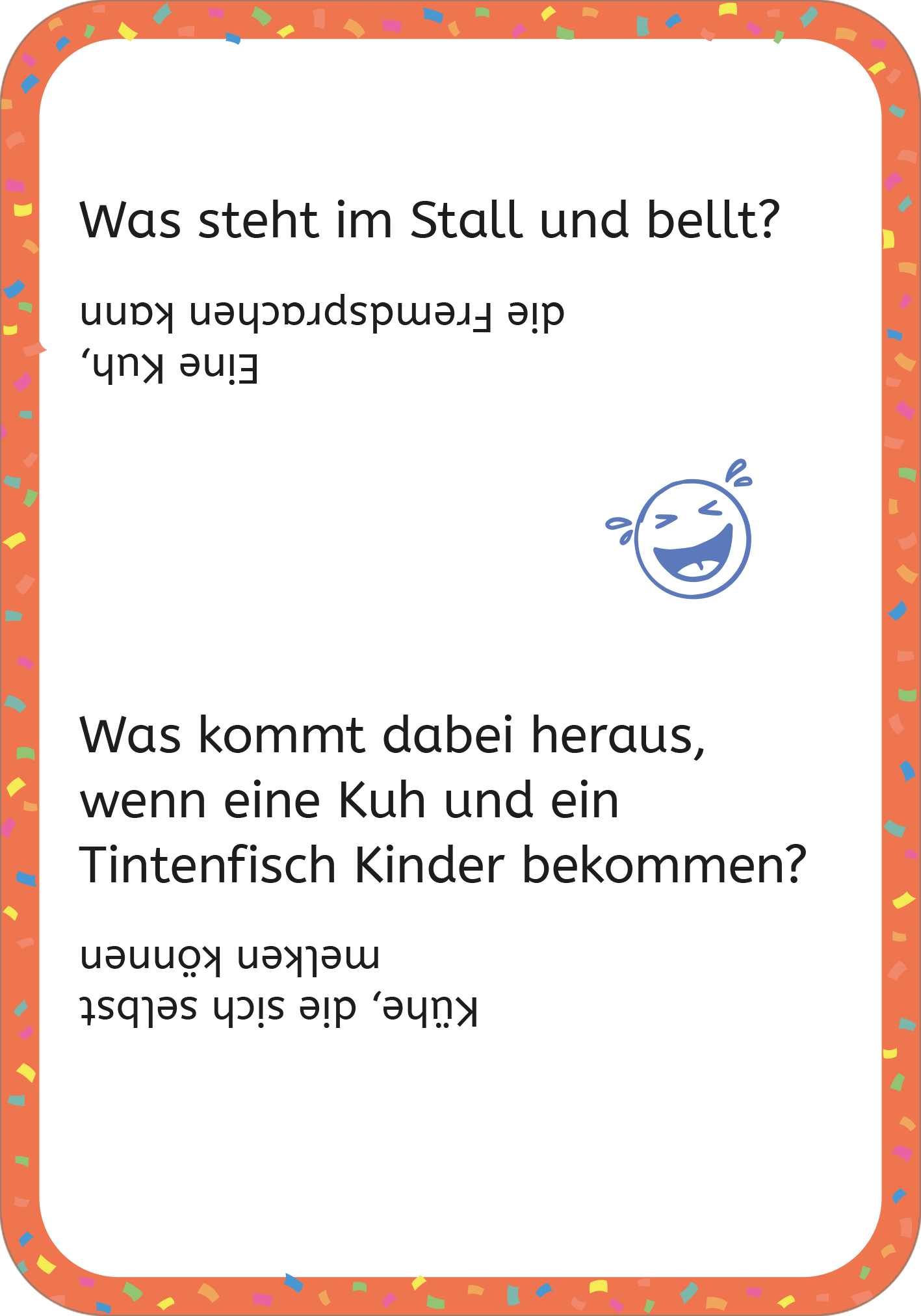 Gezeigt wird eine Innen- oder Zusatzansicht von „Erstleser-Witze Tiere“. Die Seite enthält zwei Witze, jeweils in klarer, gut lesbarer schwarzer Schrift. Der Hintergrund ist hell, umrahmt von einer bunten, festlichen Rahmenlinie in Orange mit bunten Konfetti-Mustern. Ein lachendes Emoji ergänzt die humorvolle Atmosphäre. Die Fragen zu den Witzen sind fett hervorgehoben, was die wichtige Information optisch unterstützt.