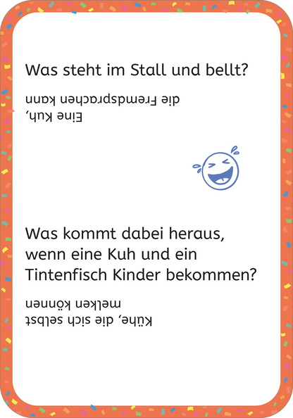 Gezeigt wird eine Innen- oder Zusatzansicht von „Erstleser-Witze Tiere“. Die Seite enthält zwei Witze, jeweils in klarer, gut lesbarer schwarzer Schrift. Der Hintergrund ist hell, umrahmt von einer bunten, festlichen Rahmenlinie in Orange mit bunten Konfetti-Mustern. Ein lachendes Emoji ergänzt die humorvolle Atmosphäre. Die Fragen zu den Witzen sind fett hervorgehoben, was die wichtige Information optisch unterstützt.