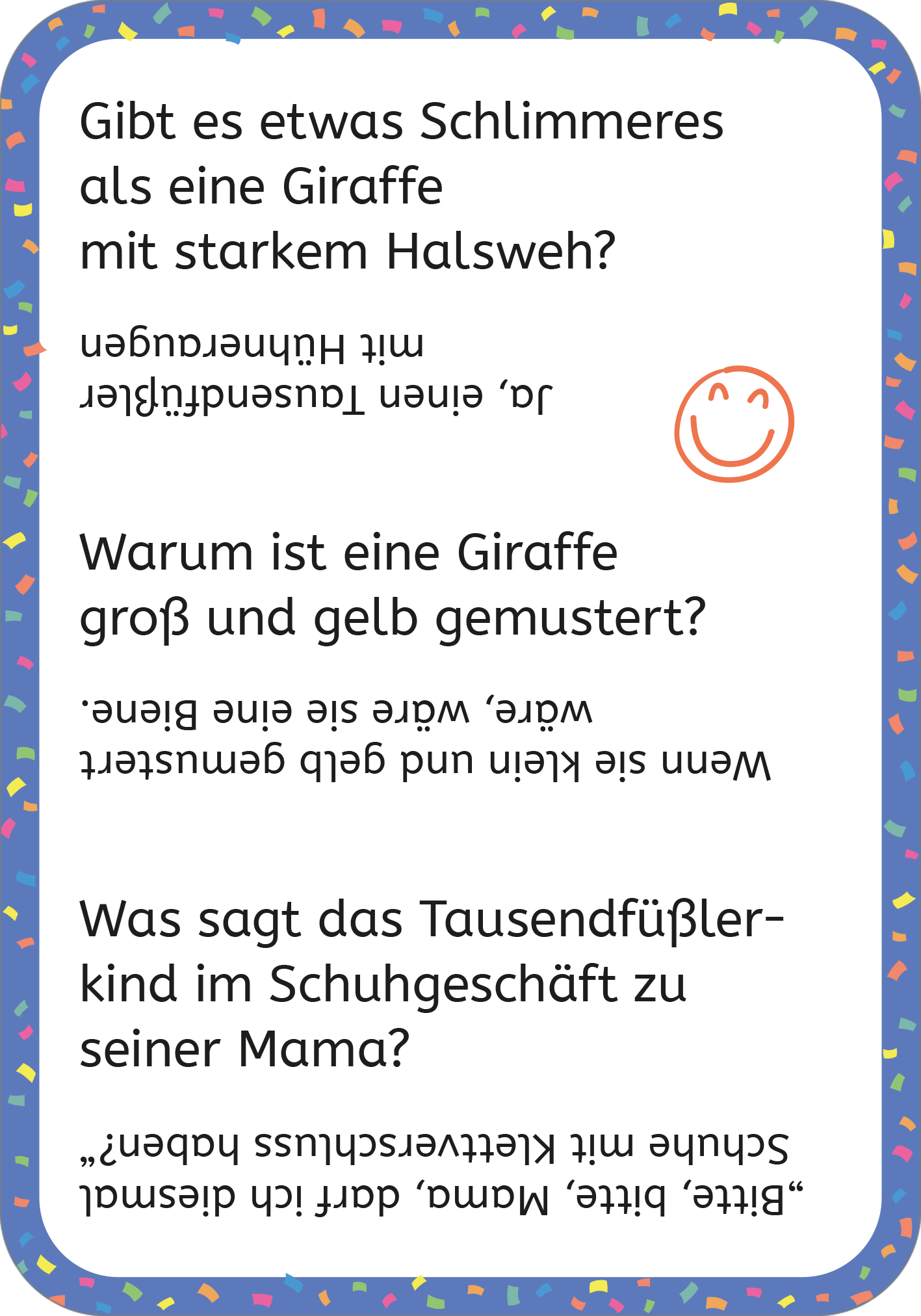 Gezeigt wird eine Innen- oder Zusatzansicht von „Erstleser-Witze Tiere“. Die Seite enthält witzige Texte zu Tieren, hervorgehoben durch große, klare Schrift in schwarzer Farbe. Der Hintergrund ist in fröhlichen Farben gestaltet, darunter ein bunter Rahmen mit Konfetti-Muster. Ein lächelndes Emoji in orange fügt eine spielerische Note hinzu. Die Fragen beschäftigen sich humorvoll mit Tieren und sprechen die jungen Leser direkt an.
