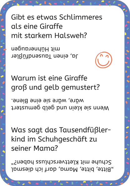 Gezeigt wird eine Innen- oder Zusatzansicht von „Erstleser-Witze Tiere“. Die Seite enthält witzige Texte zu Tieren, hervorgehoben durch große, klare Schrift in schwarzer Farbe. Der Hintergrund ist in fröhlichen Farben gestaltet, darunter ein bunter Rahmen mit Konfetti-Muster. Ein lächelndes Emoji in orange fügt eine spielerische Note hinzu. Die Fragen beschäftigen sich humorvoll mit Tieren und sprechen die jungen Leser direkt an.