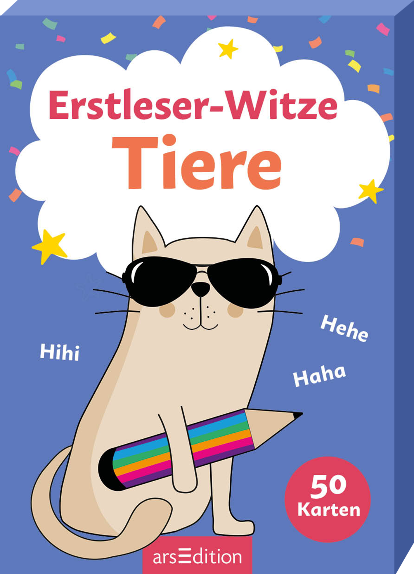 Das Buchcover zeigt eine gezeichnete Katze mit Sonnenbrille, die einen bunten Stift hält. Der Hintergrund ist in einem freundlichen Blau gehalten. Über der Katze schwebt eine Wolke, in der das Wort „Erstleser-Witze“ in großen, auffälligen Buchstaben steht. Darunter steht „Tiere“ ebenfalls in kräftiger Schrift. Auf dem Hintergrund stehen die Worte „Hihi“, „Hehe“ und „Haha“.  Und der Hinweis 50 Karten. Ganz unten mittig steht der Logoschriftzug von arsEdition.