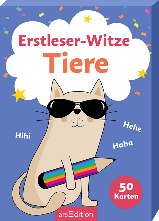 Das Buchcover zeigt eine gezeichnete Katze mit Sonnenbrille, die einen bunten Stift hält. Der Hintergrund ist in einem freundlichen Blau gehalten. Über der Katze schwebt eine Wolke, in der das Wort „Erstleser-Witze“ in großen, auffälligen Buchstaben steht. Darunter steht „Tiere“ ebenfalls in kräftiger Schrift. Auf dem Hintergrund stehen die Worte „Hihi“, „Hehe“ und „Haha“.  Und der Hinweis 50 Karten. Ganz unten mittig steht der Logoschriftzug von arsEdition.