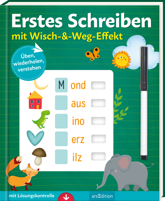 Das Buchcover zeigt auf einem grünen Hintergrund den Titel „Erstes Schreiben“ in großen, weißen Buchstaben. Unter dem Titel steht „mit Wisch-&-Weg-Effekt“ in Gelb. Links sind verspielte Illustrationen von Tieren und Objekten, wie einem Fuchs, einem Elefanten und einem Haus zu sehen. Auf der rechten Seite liegt ein schwarzer Stift. Oben links befindet sich ein blaue Sprechblase mit dem Text „Üben, wiederholen, verstehen“. Ganz unten mittig steht der Logoschriftzug von...