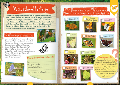 Gezeigt wird eine Innen- oder Zusatzansicht von „Naturforscher-Kids – Mitmachbuch im Wald“. Die Doppelseite präsentiert eine bunte, kinderfreundliche Gestaltung mit handschriftlich wirkenden Texten. Links wird das Thema „Waldschmetterlinge“ behandelt, mit Bildern von verschiedenen Schmetterlingen und Platz für eigene Notizen. Rechts sind zahlreiche Schmetterlingsarten abgebildet, die klar beschriftet sind. Die Farbpalette umfasst warme, natürliche Töne, die die Themen Natur und...