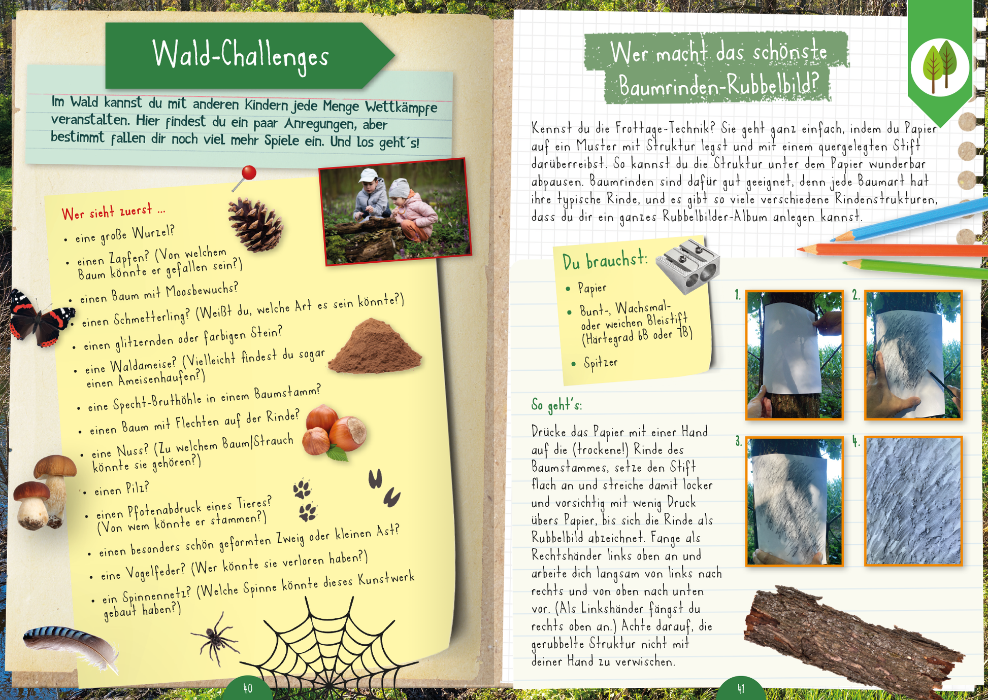 Gezeigt wird eine Innen- oder Zusatzansicht von „Naturforscher-Kids – Mitmachbuch im Wald“.