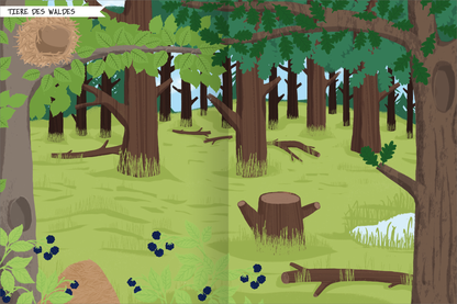 Gezeigt wird eine Innen- oder Zusatzansicht von „Naturforscher-Kids – Stickerheft Bäume“. Die Illustration zeigt einen Wald mit kräftigen, braunen Baumstämmen und üppigem, grünem Laub. Auf der linken Seite sind Blaubeeren und eine kleine Wiese sichtbar. In der oberen Ecke befindet sich ein Nistplatz. Die Farben sind in sanften Grüntönen gehalten, während die Typografie in einem klaren, verspielten Schriftstil den Titel „Tiere des Waldes“ präsentiert.