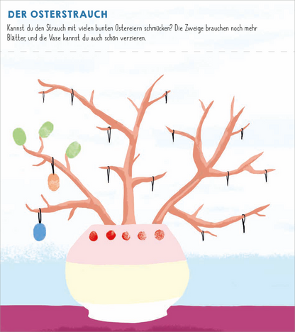 Gezeigt wird eine Innen- oder Zusatzansicht von „Meine allerersten Fingerstempel Frühling“. Die Illustration zeigt einen Osterstrauch mit braunen Ästen, die sich in einem hellen, runden Topf befinden. An den Ästen hängen bunte Ostereier in grün, blau und rot, die mit schwarzen Schlaufen befestigt sind. Der Hintergrund ist in sanften Blau- und Weißtönen gehalten, während der Topf in Rosa und Gelb gestaltet ist. Die klare, freundliche Typografie beschreibt die Szene.