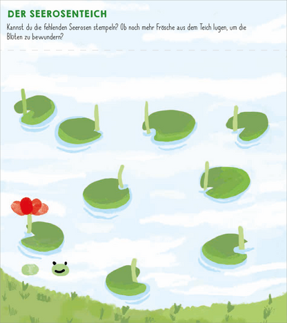 Gezeigt wird eine Innen- oder Zusatzansicht von „Meine allerersten Fingerstempel Frühling“. Die Illustration zeigt einen Seerosenteich mit mehreren runden, grünen Seerosenblättern auf dezent blauen Wasser. In der oberen linken Ecke steht in grüner Schrift „DER SEEROSENTEICH“. Neben einer roten Seerose lugt ein fröhlicher, grüner Frosch hervor. Der Hintergrund ist hellblau, was für eine frühlingshafte Atmosphäre sorgt und die Freude am Spielen und Entdecken fördert.
