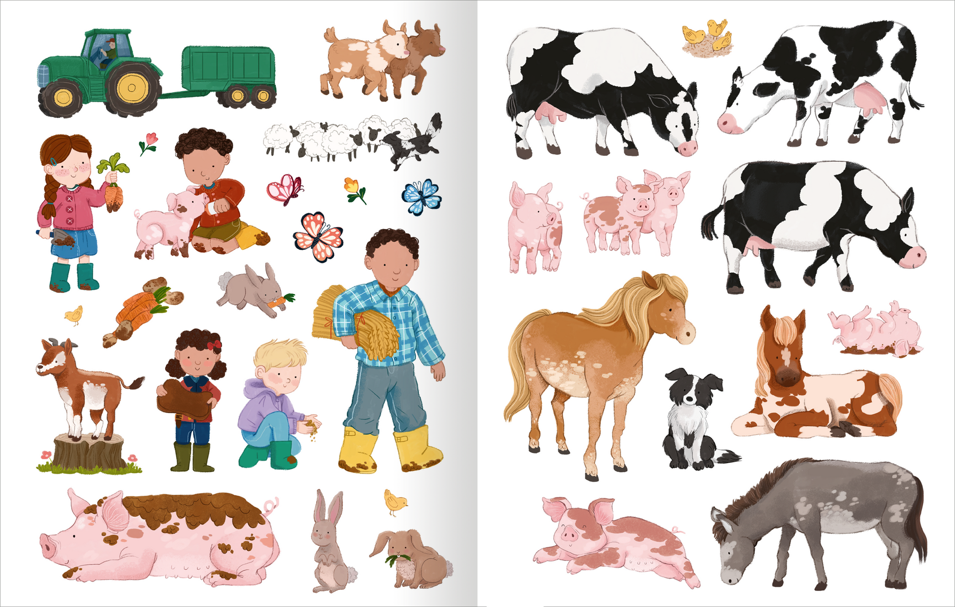 Gezeigt wird eine Innen- oder Zusatzansicht von „Mein Endlos-Stickerspaß – Bauernhof“. Die Seite präsentiert bunte Stickermotive, darunter Tiere wie Kühe, Schweine, Hühner, ein Pferd und einen Bauernhof-Traktor. Farbenfroh gestaltet, dominieren zarte Pastelltöne wie Rosa, Braun und Grün. Die Figuren im Vordergrund, Kinder in lebendigen Outfits, interagieren freundlich mit den Tieren. Die Typografie ist kindgerecht und verspielt, geeignet für die Zielgruppe.