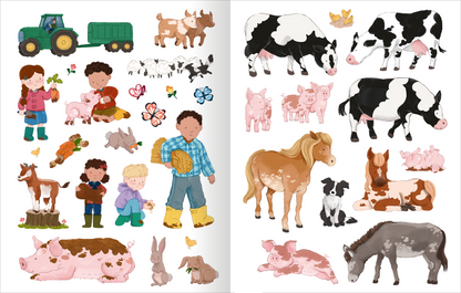 Gezeigt wird eine Innen- oder Zusatzansicht von „Mein Endlos-Stickerspaß – Bauernhof“. Die Seite präsentiert bunte Stickermotive, darunter Tiere wie Kühe, Schweine, Hühner, ein Pferd und einen Bauernhof-Traktor. Farbenfroh gestaltet, dominieren zarte Pastelltöne wie Rosa, Braun und Grün. Die Figuren im Vordergrund, Kinder in lebendigen Outfits, interagieren freundlich mit den Tieren. Die Typografie ist kindgerecht und verspielt, geeignet für die Zielgruppe.