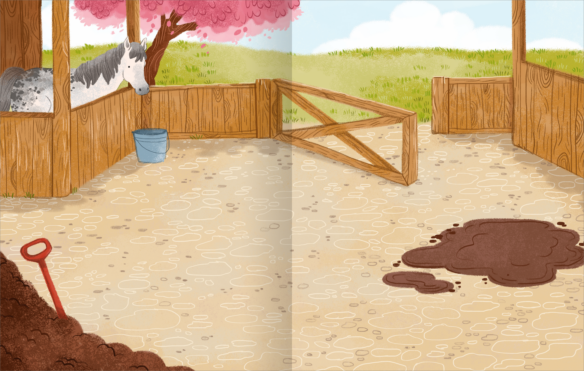 Gezeigt wird eine Innenansicht von „Mein Endlos-Stickerspaß – Bauernhof“. Die Illustration zeigt einen offenen Stall mit einem grauen Pferd, das neugierig aus seiner Box schaut. Im Vordergrund liegt ein braunes, matschiges Feld, während ein Eimer in hellblau und eine rote Schaufel auf dem Boden platziert sind. Die Wände sind aus hellem Holz, und eine rosa blühende Baumkrone spendet teilweise Schatten. Der Himmel ist blau mit weißen Wolken, was eine freundliche, ländliche Atmosphäre...