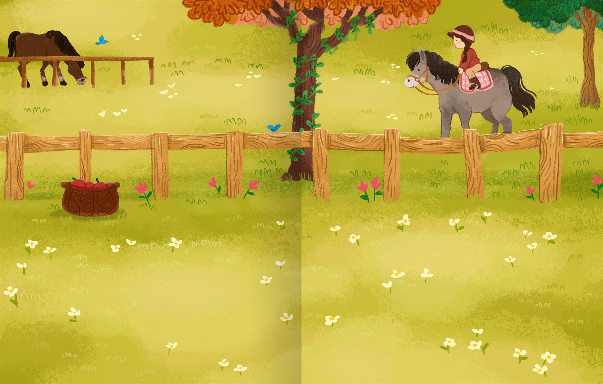 Gezeigt wird eine Innen- oder Zusatzansicht von „Mein Endlos-Stickerspaß – Bauernhof“. Die Illustration zeigt eine grüne Wiese mit bunten Blumen und einem großen, rot-orangen Baum. Links sind zwei Pferde abgebildet, eines frisst, während das andere von einem Mädchen mit einem braunen Hut geritten wird. Im Vordergrund befindet sich ein Korb mit Erdbeeren. Die Farben sind lebhaft und fröhlich, die Typografie ist kindgerecht und ansprechend.