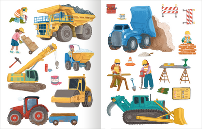 Gezeigt wird eine Innen- oder Zusatzansicht von „Mein Endlos-Stickerspaß – Baustelle“. Auf der Doppelseite sind verschiedene Baufahrzeuge und Bauarbeiter abgebildet. Zu sehen sind ein gelber Dumper, ein grüner Bagger und ein roter Traktor, umgeben von Werkzeugen wie einer Schaufel und einem Hammer. Die Farben sind lebhaft und bunt, mit predominierendem Gelb, Blau und Rot. Die Typografie ist einfach gehalten, mit klaren, gut lesbaren Schriftzügen, die die Szenen begleiten.
