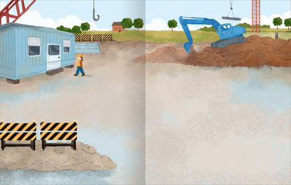 Gezeigt wird eine Innen- oder Zusatzansicht von „Mein Endlos-Stickerspaß – Baustelle“. Die Illustration zeigt eine Baustellenlandschaft mit einem blauen Baucontainer und einem Bagger, der Erde bewegt. Gelbe und schwarze Absperrbalken sind im Vordergrund zu sehen. Die Farben sind hell und freundlich, mit grünen Bäumen im Hintergrund. In der linken unteren Ecke steht ein Bauarbeiter in orangefarbener Kleidung, der die Baustelle beobachtet. Die Typografie ist verspielt und kindgerecht.