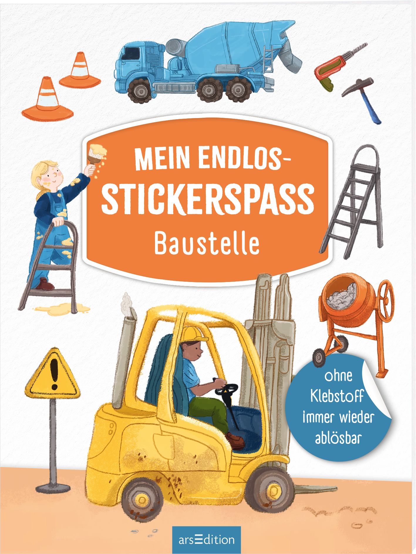 Das Buchcover zeigt eine lebhafte Baustelle, auf der ein Bagger sowie ein Betonmischer zu sehen sind. Eine Kinderfigur mit blonder Haarschnitt hält einen Aufkleber in der Hand, während sie auf einer Leiter steht. Der Hintergrund ist in sanften Farben gehalten, während der Titel „MEIN ENDLOS-STICKERSPASS“ in Orange hervorsticht. Der Untertitel „Baustelle“ steht in Weiß darunter. Links sind Verkehrscones und ein Warnschild abgebildet. Ein blauer Button im unteren rechten Bereich weist...