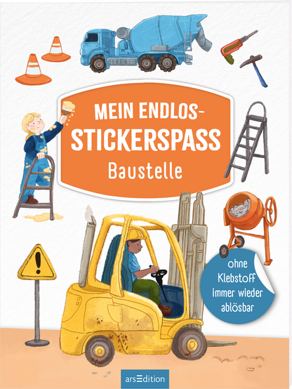 Das Buchcover zeigt eine lebhafte Baustelle, auf der ein Bagger sowie ein Betonmischer zu sehen sind. Eine Kinderfigur mit blonder Haarschnitt hält einen Aufkleber in der Hand, während sie auf einer Leiter steht. Der Hintergrund ist in sanften Farben gehalten, während der Titel „MEIN ENDLOS-STICKERSPASS“ in Orange hervorsticht. Der Untertitel „Baustelle“ steht in Weiß darunter. Links sind Verkehrscones und ein Warnschild abgebildet. Ein blauer Button im unteren rechten Bereich weist...