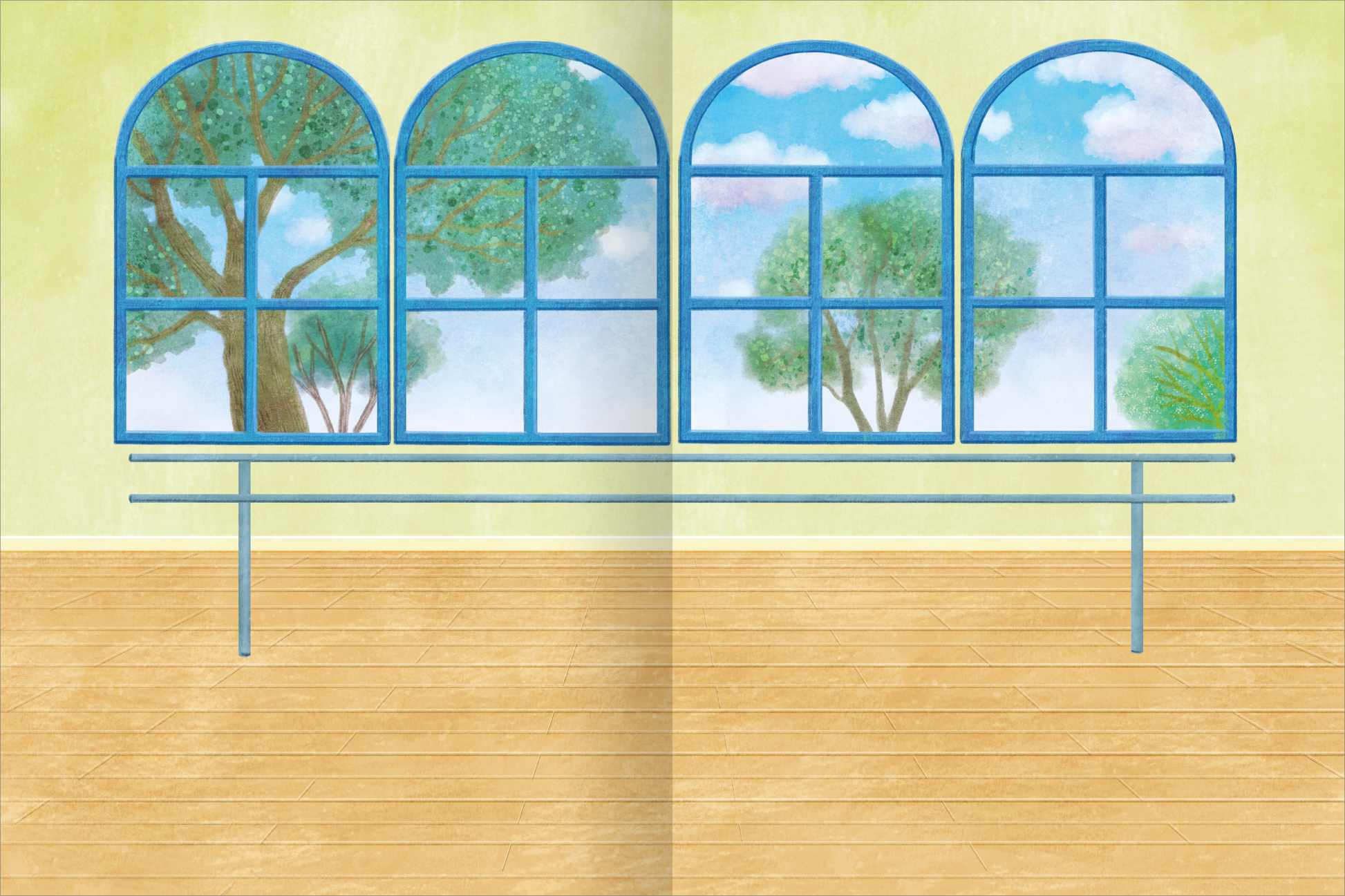 Gezeigt wird eine Innen- oder Zusatzansicht von „Mein Lieblings-Stickerbuch – Ballett“. Die Illustration zeigt einen Tanzsaal mit großen, runden Fenstern, die den Blick auf eine grüne Landschaft und einen blauen Himmel mit Wolken freigeben. Die Wände sind in sanften Gelbtönen gehalten, der Boden aus hellem Holz strahlt Wärme aus. Eine blau gefärbte Ballettstange verläuft horizontal im Bild und unterstreicht das tänzerische Thema. Die Schriftfarben und -arten sind klar und gut...