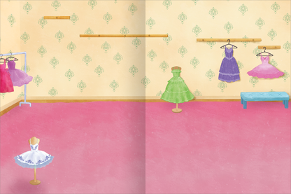 Gezeigt wird eine Innen- oder Zusatzansicht von „Mein Lieblings-Stickerbuch – Ballett“. Die Illustration zeigt einen eleganten Umkleideraum mit einem rosafarbenen Boden und zartgelben Wänden, verziert mit grünen, stilisierten Mustern. An der Wand hängen vier schicke Ballettkleider in verschiedenen Farben: lila, pink, grün und blau. In der Mitte steht ein hübsches, weiß-blaues Kleid auf einem Standfuß und eine kleine, blaue Bank ergänzt die Einrichtung. Die Farben sind lebhaft und...