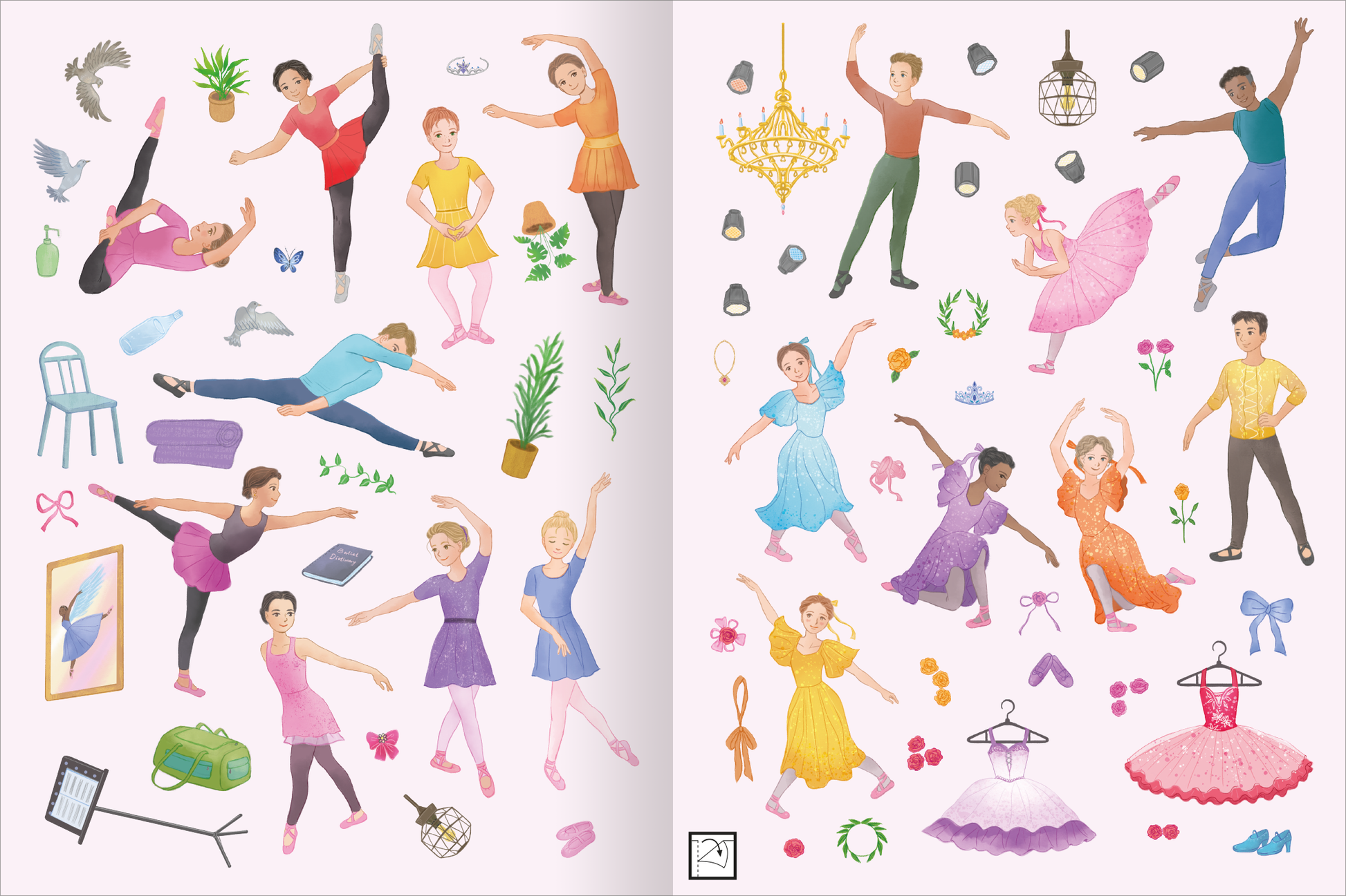 Gezeigt wird eine Innen- oder Zusatzansicht von „Mein Lieblings-Stickerbuch – Ballett“. Die Seite präsentiert bunte Illustrationen von Tänzern in verschiedenen Balletthaltungen, gekleidet in farbenfrohe Kostüme in Rosa, Blau, Lila und Gelb. Umgeben sind sie von vielseitigen Motiven wie Pflanzen, Schuhen und Tanzaccessoires. Die sanfte Hintergrundfarbe verstärkt die lebendige Darstellung und lässt die Figuren und Elemente hervorstechen. Die verspielte Typografie wird durch elegant...