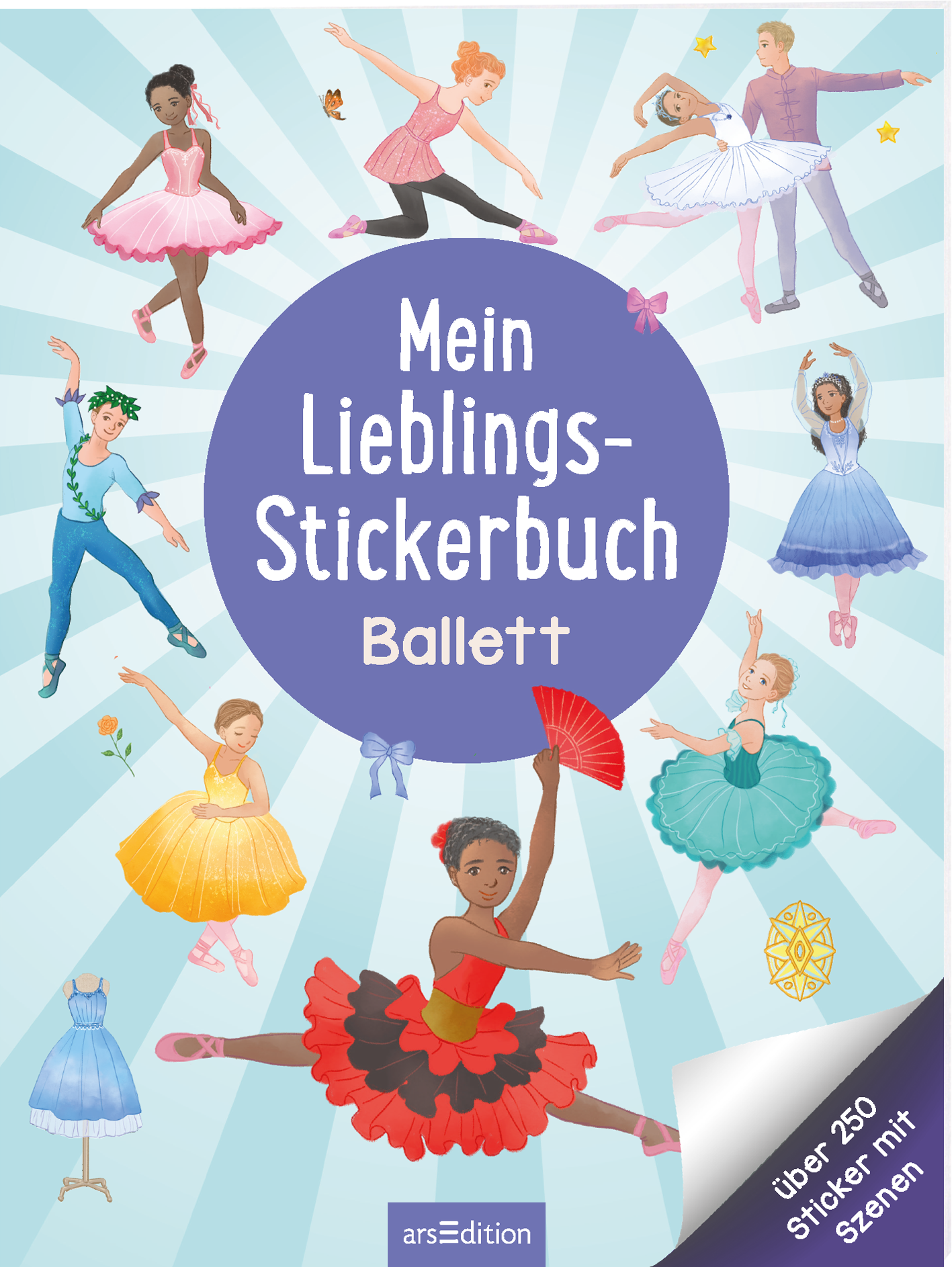 Das Buchcover zeigt auf einem hellblauen, strahlenförmigen Hintergrund eine Vielzahl von Tänzern in bunten Ballettkostümen, die verschiedene Posen einnehmen. In der Mitte prangt der Titel „Mein Lieblings-Stickerbuch Ballett“ in einer verspielten, weißen Schrift. Ein silberner Aufkleber mit dem Text „über 200 Sticker mit Szenen“ ist in der unteren rechten Ecke platziert. Ganz unten mittig steht der Logoschriftzug von arsEdition.