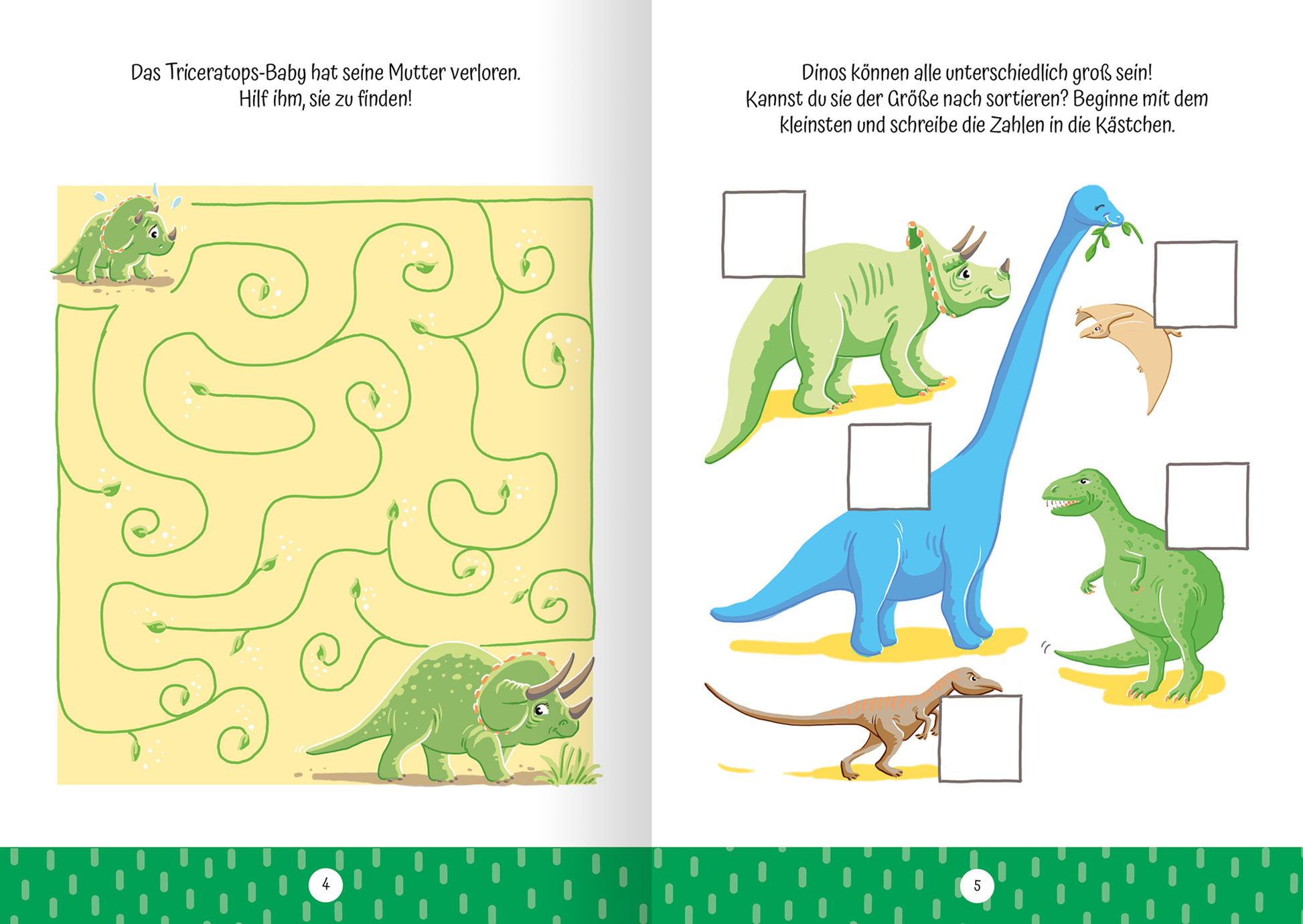 Gezeigt wird eine Innen- oder Zusatzansicht von „Ruckzuck weggewischt! Dinosaurier“. Die Doppelseite enthält farbenfrohe Illustrationen von verschiedenen Dinosauriern, darunter ein Triceratops-Baby, das in einem Labyrinth nach seiner Mutter sucht. Rechts befinden sich größere Dinosaurier, die nach Größe sortiert werden sollen. Die überwiegenden Farben sind Grün und Blau, während die Hintergrundgestaltung mit weich geschwungenen Linien und einem gemusterten unteren Rand in Hellgrün...