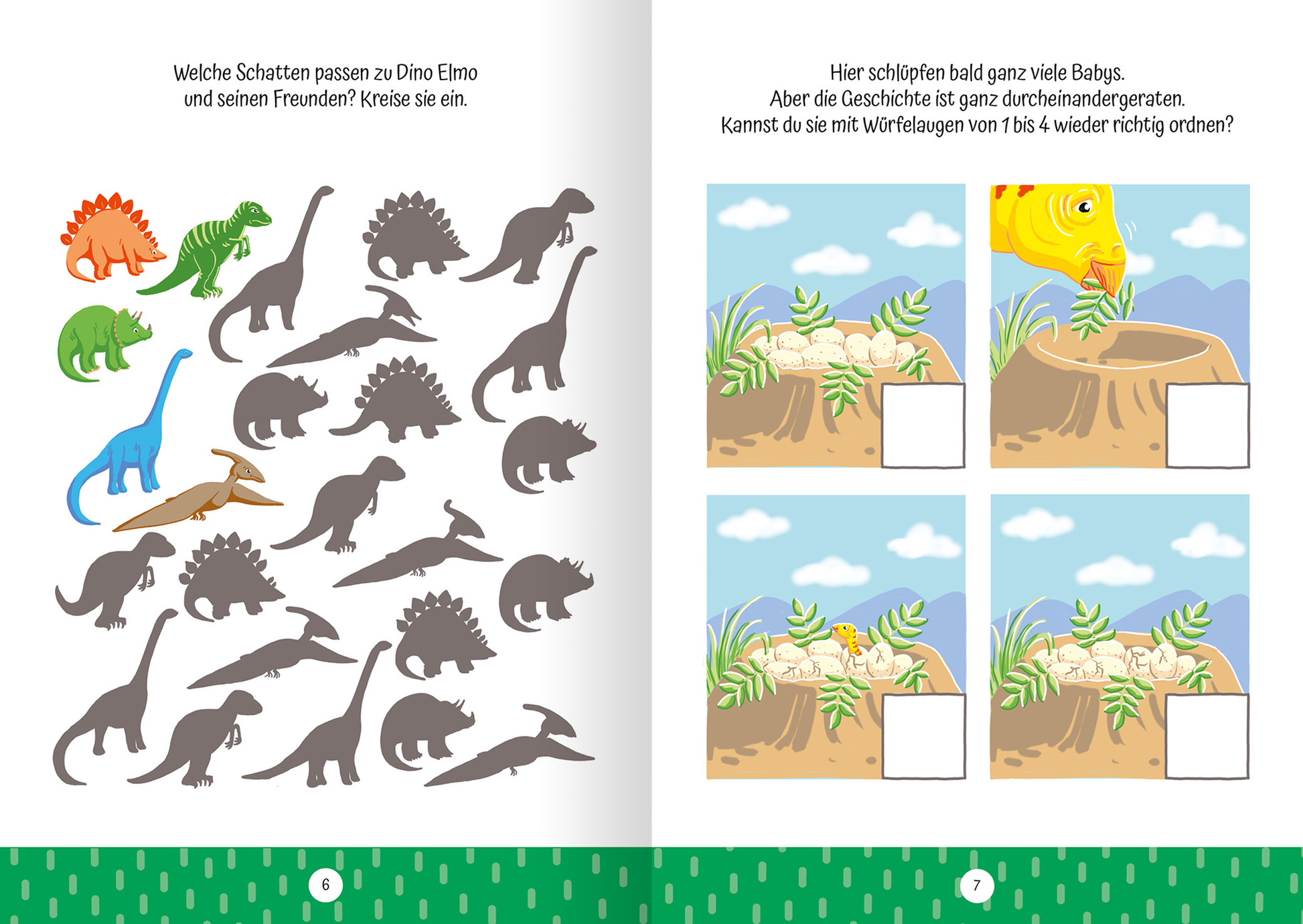 Auf der Innenseite des Buches „Ruckzuck weggewischt! Dinosaurier“ wird links eine Vielzahl von Dinosaurier-Silhouetten in verschiedenen Grautönen dargestellt, während rechts eine bunte Szene mit einem orangefarbenen Dinosaurier auf grünem Hintergrund abgebildet ist. Unter diesem Bild befinden sich vier leere Kästchen, die die Leser auffordern, Reihenfolgen zu ordnen. Die Farben sind lebhaft und ansprechend, mit einer klaren und freundlichen Schriftart für die Texte.