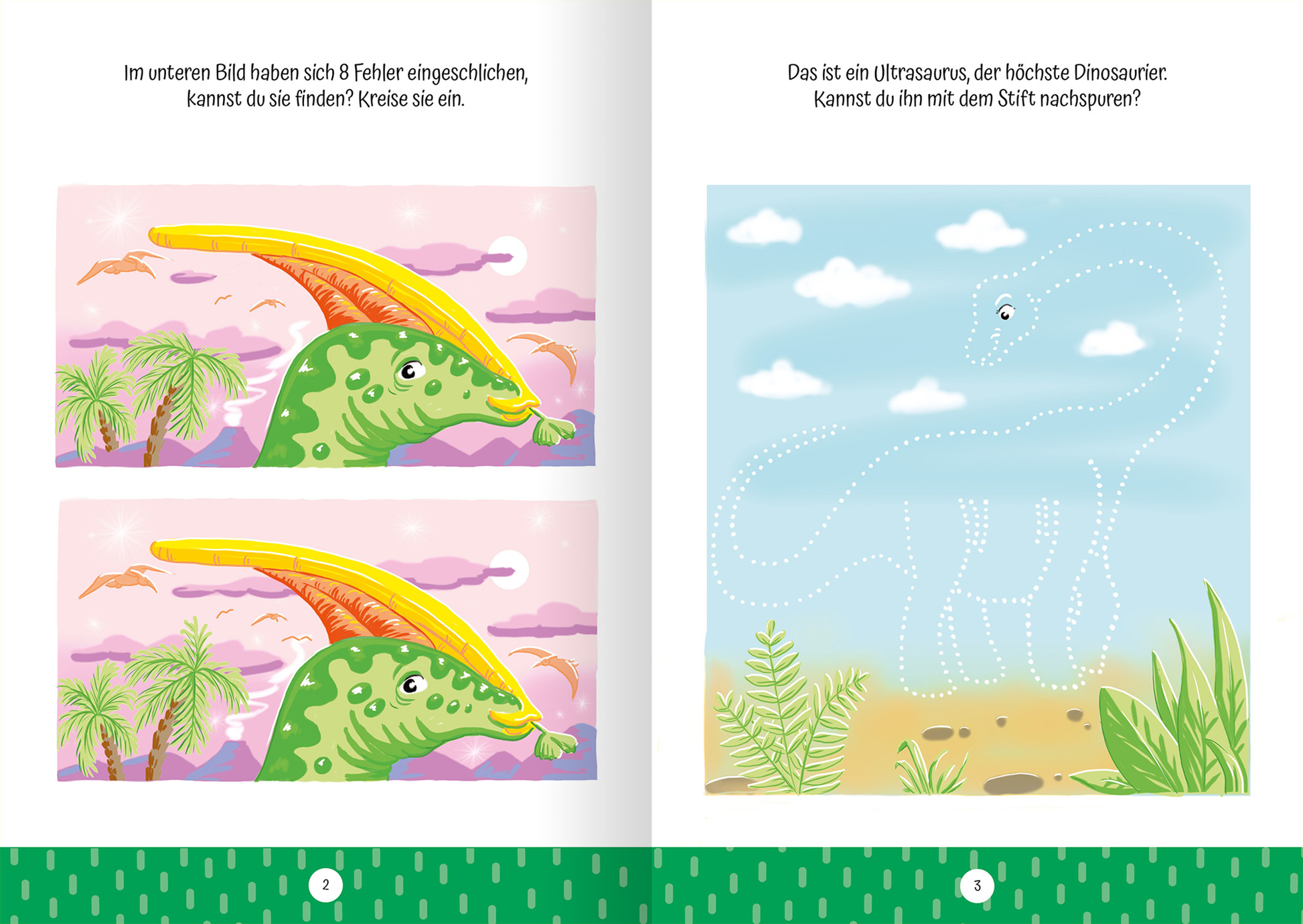 Innenseite aus dem Buch „Ruckzuck weggewischt! Dinosaurier“. Auf der linken Seite sind zwei bunte Illustrationen eines Dinosauriers mit einem gelben, gefransten Kopf und grüner Haut, umgeben von Palmen und einem rosa-häuslichen Hintergrund. Auf der rechten Seite wird ein Ultrasaurus dargestellt, umgeben von einer hellblauen Hintergrundfarbe mit Wolken. Über und unter den Bildern stehen Kinderfragen, die zur Interaktion anregen. Die Schrift ist klar und groß, um die Lesbarkeit zu...