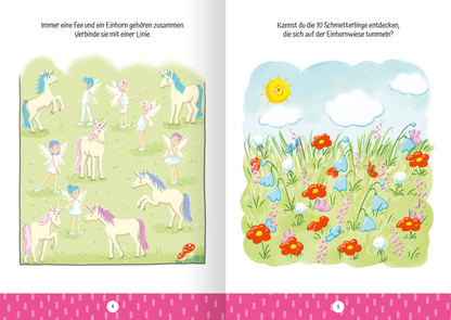 Innenseite aus „Ruckzuck weggewischt! Einhörner“. Links sind fünf Einhörner und Feen abgebildet, umgeben von grünem Gras. Die Feen haben verschiedene, pastellfarbene Haare und tragen weiße Kleider. Auf der rechten Seite ist eine fröhliche Sonnenlandschaft mit bunten Blumen und Gräsern dargestellt. Über der Szene steht die Frage: „Kannst du die 10 Schmetterlinge entdecken, die sich auf der Einhornwiese tummeln?“ Die Farben sind hell und ansprechend, mit einem verspielten Design.