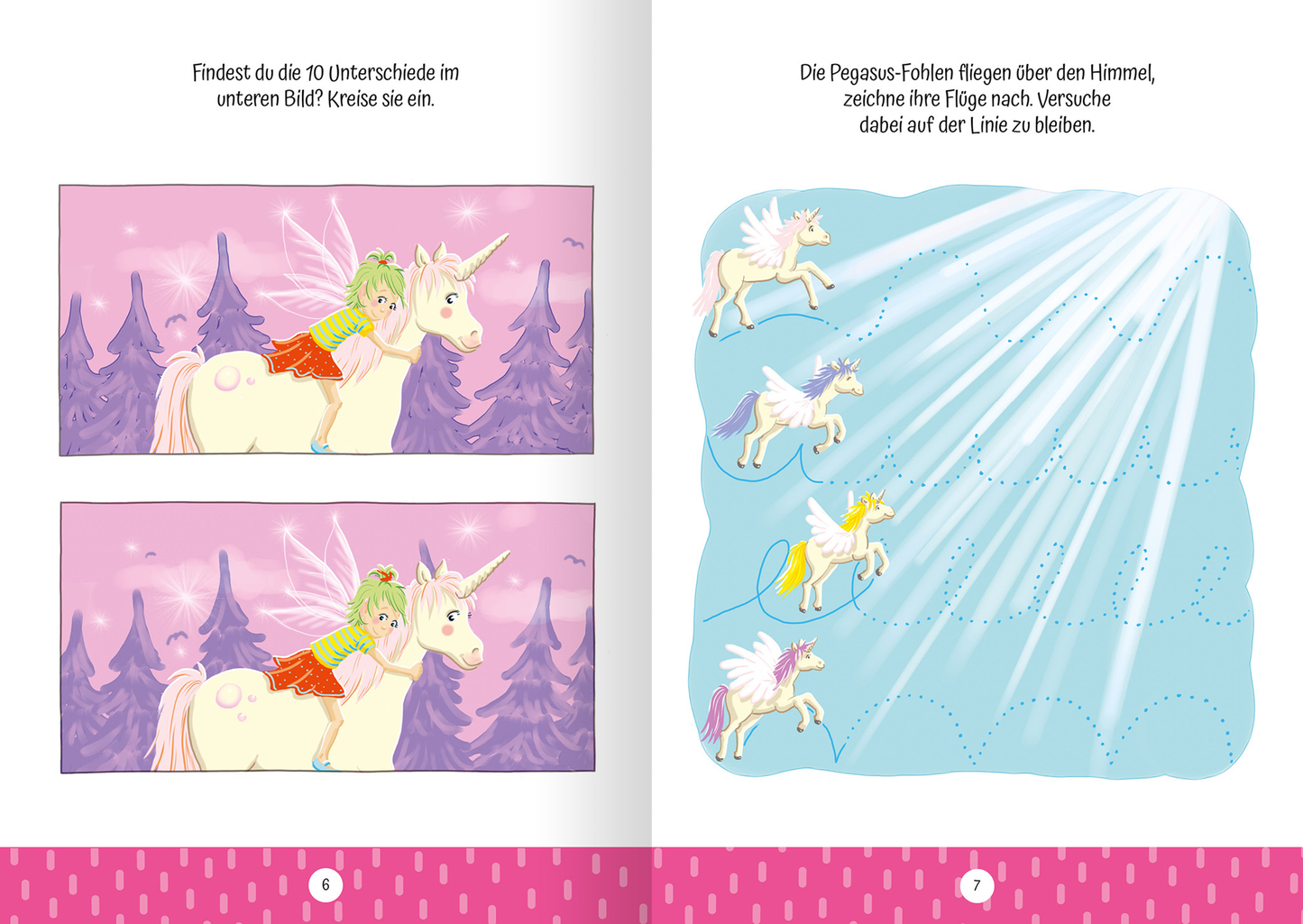 Gezeigt wird eine Innen- oder Zusatzansicht von „Ruckzuck weggewischt! Einhörner“. Die Seite zeigt zwei fast identische Illustrationen, die ein Einhorn mit einem Kind darstellen, umgeben von lila Wäldern und einem rosa Himmel. Oben steht der Text „Findest du die 10 Unterschiede im unteren Bild? Kreiere sie ein.“ Rechts ist eine weitere Abbildung mit fliegenden Pegasus-Fohlen, die in helleren Farben leuchten. Der Hintergrund ist hellblau, mit Strahlen, die sanft herunterfallen. Die...