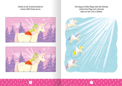 Gezeigt wird eine Innen- oder Zusatzansicht von „Ruckzuck weggewischt! Einhörner“. Die Seite zeigt zwei fast identische Illustrationen, die ein Einhorn mit einem Kind darstellen, umgeben von lila Wäldern und einem rosa Himmel. Oben steht der Text „Findest du die 10 Unterschiede im unteren Bild? Kreiere sie ein.“ Rechts ist eine weitere Abbildung mit fliegenden Pegasus-Fohlen, die in helleren Farben leuchten. Der Hintergrund ist hellblau, mit Strahlen, die sanft herunterfallen. Die...