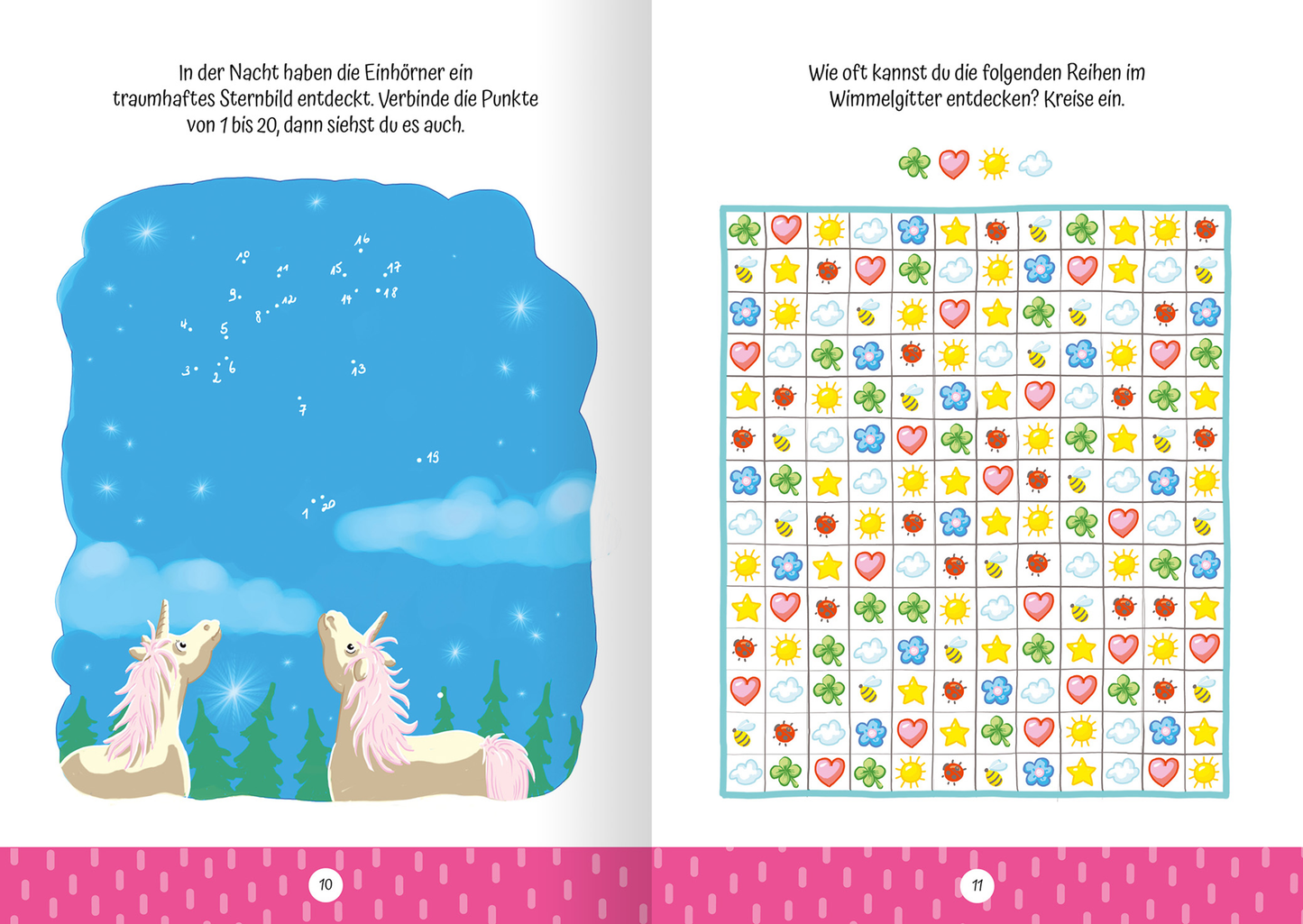 Gezeigt wird eine Innen- oder Zusatzansicht von „Ruckzuck weggewischt! Einhörner“. Auf der linken Seite sind zwei einfarbige Einhörner mit pastellfarbenen Mähnen vor einem sternenübersäten Nachthimmel zu sehen. Der Hintergrund ist überwiegend blau mit grünen Tannen. Auf der rechten Seite befindet sich ein Wimmelbild, das farbenfrohe Symbole wie Herzen, Blumen und Sterne in einem Raster anordnet. Die typografischen Elemente sind in klarer, gut lesbarer Schrift gehalten.