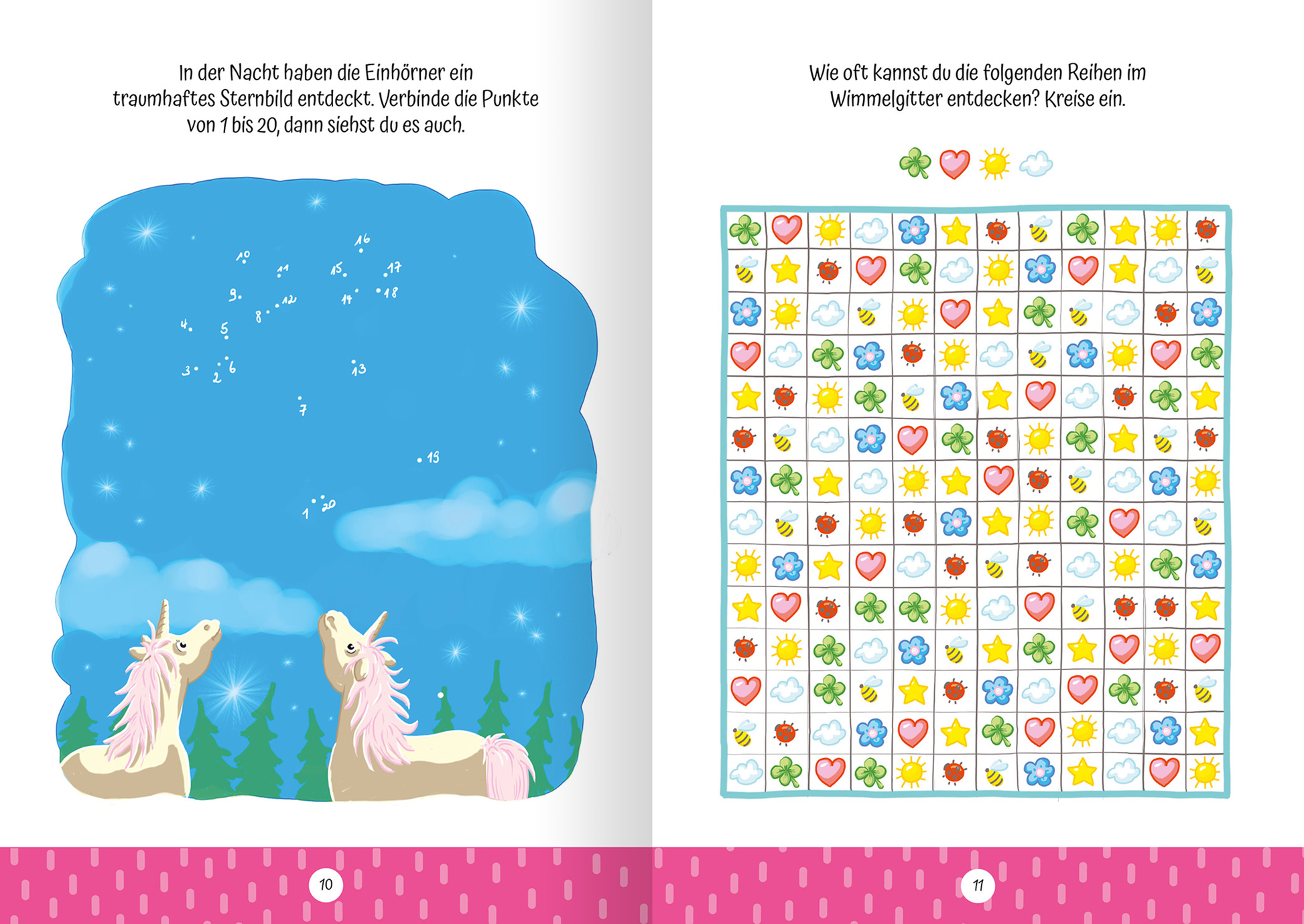 Gezeigt wird eine Innen- oder Zusatzansicht von „Ruckzuck weggewischt! Einhörner“. Auf der linken Seite sind zwei einfarbige Einhörner mit pastellfarbenen Mähnen vor einem sternenübersäten Nachthimmel zu sehen. Der Hintergrund ist überwiegend blau mit grünen Tannen. Auf der rechten Seite befindet sich ein Wimmelbild, das farbenfrohe Symbole wie Herzen, Blumen und Sterne in einem Raster anordnet. Die typografischen Elemente sind in klarer, gut lesbarer Schrift gehalten.