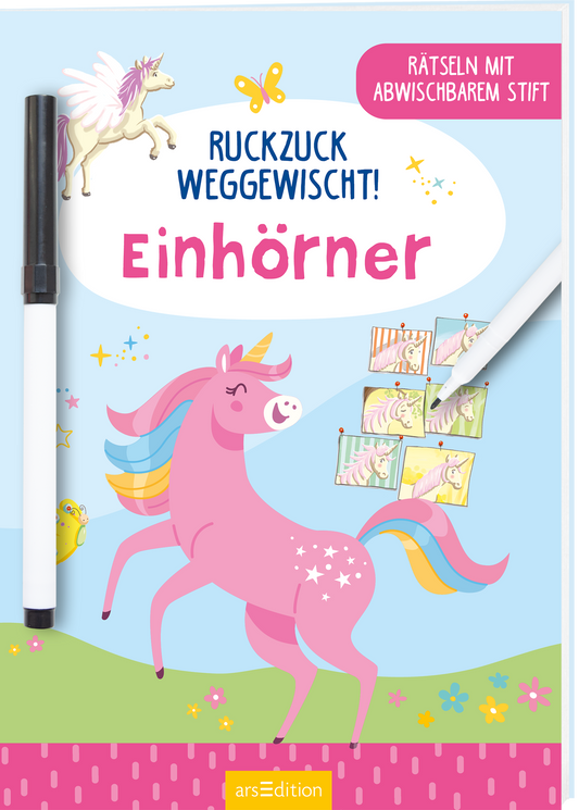 Das Buchcover zeigt ein verspieltes, hellblaues Design mit einem großen, pinkfarbenen Einhorn, das fröhlich auf einem bunten Hintergrund steht. Oben links ist ein weißes, schimmerndes Einhorn abgebildet, während rechts ein schwarzer abwischbarer Stift zu sehen ist. Der Titel „Ruckzuck weggewischt! Einhörner“ ist in großer, auffälliger blauer und pinker Schrift platziert. Oben rechts befindet sich ein pinker Button mit dem Text „Rätseln mit abwischbarem Stift“. Ganz unten mittig...