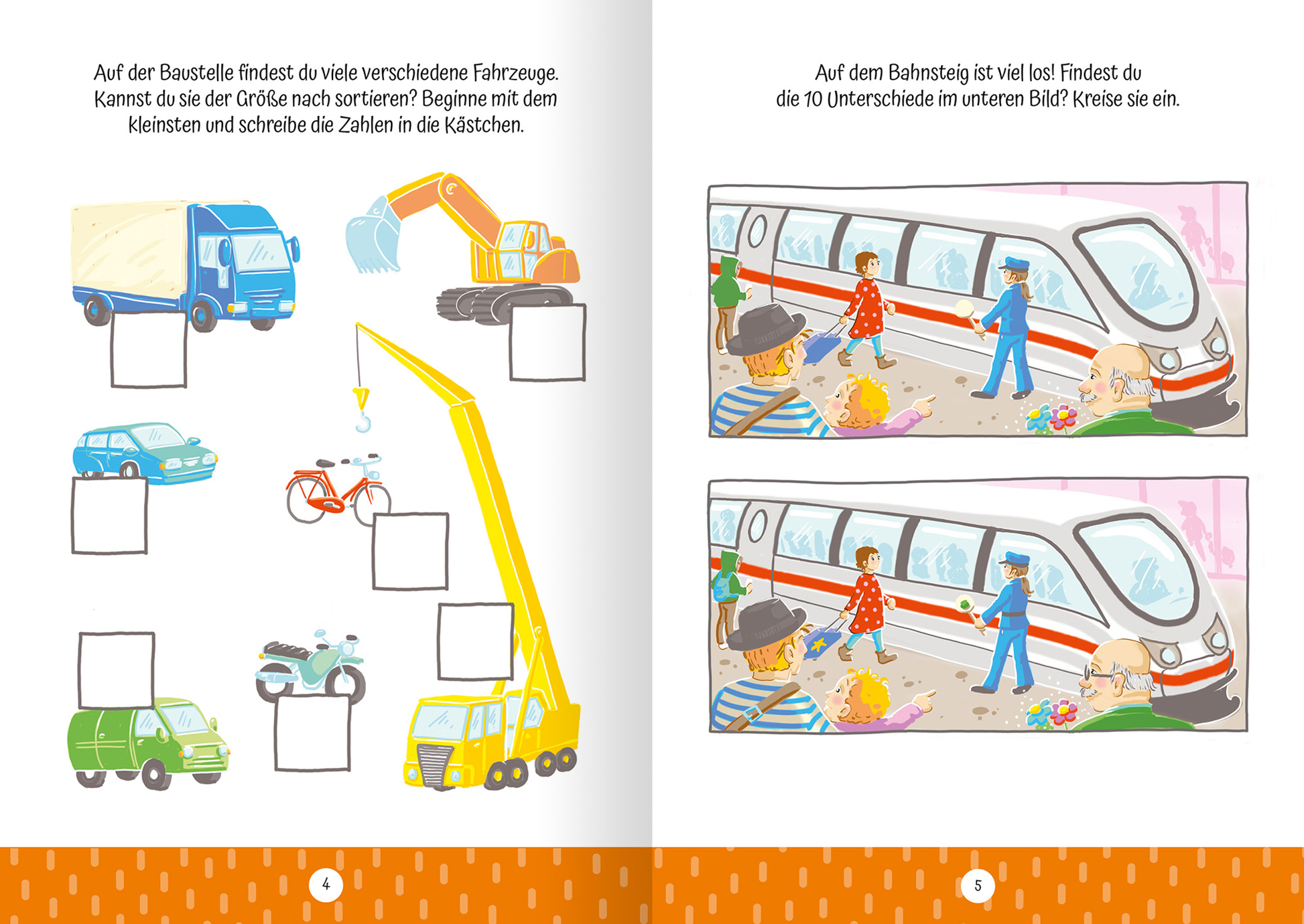 Gezeigt wird eine Innen- oder Zusatzansicht von „Ruckzuck weggewischt! Fahrzeuge“. Die Seite zeigt bunte Illustrationen verschiedener Fahrzeuge, darunter ein Lkw, ein Kran und ein Auto, die auf einer Baustelle angeordnet sind. Die Farbpalette umfasst lebhafte Töne wie Blau, Gelb und Grün. Auf der gegenüberliegenden Seite sind zwei ähnliche Szenen eines Bahnhofs dargestellt, wobei auffällige Unterschiede in den Figuren und deren Aktivitäten hervorgehoben sind. Die Typografie ist klar...
