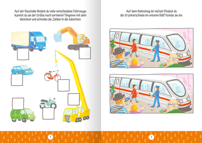 Gezeigt wird eine Innen- oder Zusatzansicht von „Ruckzuck weggewischt! Fahrzeuge“. Die Seite zeigt bunte Illustrationen verschiedener Fahrzeuge, darunter ein Lkw, ein Kran und ein Auto, die auf einer Baustelle angeordnet sind. Die Farbpalette umfasst lebhafte Töne wie Blau, Gelb und Grün. Auf der gegenüberliegenden Seite sind zwei ähnliche Szenen eines Bahnhofs dargestellt, wobei auffällige Unterschiede in den Figuren und deren Aktivitäten hervorgehoben sind. Die Typografie ist klar...