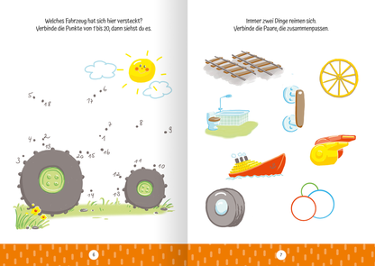 Gezeigt wird eine Innen- oder Zusatzansicht von „Ruckzuck weggewischt! Fahrzeuge“. Die Doppelseite präsentiert bunte Illustrationen auf einem hellen Hintergrund. Auf der linken Seite sind große schwarze Reifen mit grünen Details und Zahlen zu sehen, umgeben von Wiese, Blumen und einer strahlenden Sonne. Die rechte Seite zeigt eine Ansammlung von Fahrzeugen und Gegenständen, darunter ein Boot und ein Pfeifenhorn, in kräftigen Farben. Die Schriftart ist klar und gut lesbar, ideal für...